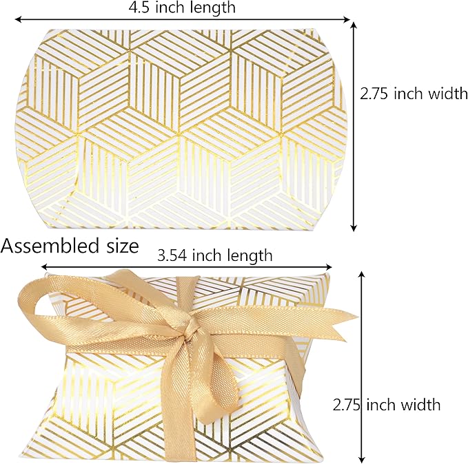 Aokbean 100 Pack Mini Pillow Candy Box Small Gift Boxes with 50 Yards Ribbon for Christmas Wedding Party Favor Gift, Jewelry or Soap Packaging (Gold Stripes)