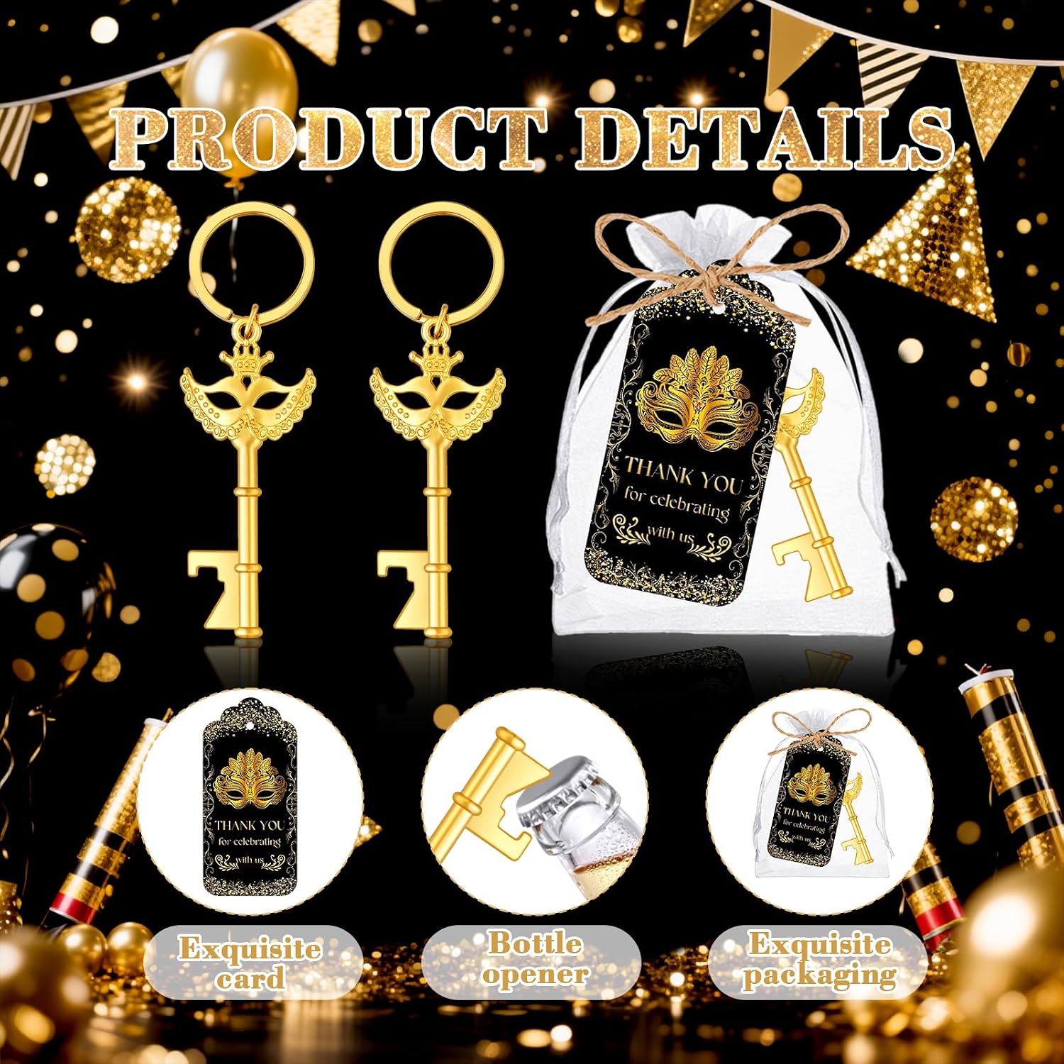 50Pcs Crown Mask Bottle Openers, Masquerade Party Wedding Favors Gifts Bulk | Zinc Alloy, Organza Bags, Thank You Tags, Masquerade Party, Weddings, Bridal Showers, Guest Return Gifts
