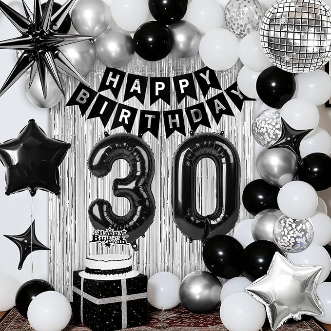 30th Birthday Decorations for Men Women, Black Silver Happy Birthday Party Decorations， 30 Year Old Party Supplies with Number 30 Balloons, Banner, Fringe Curtains Kit