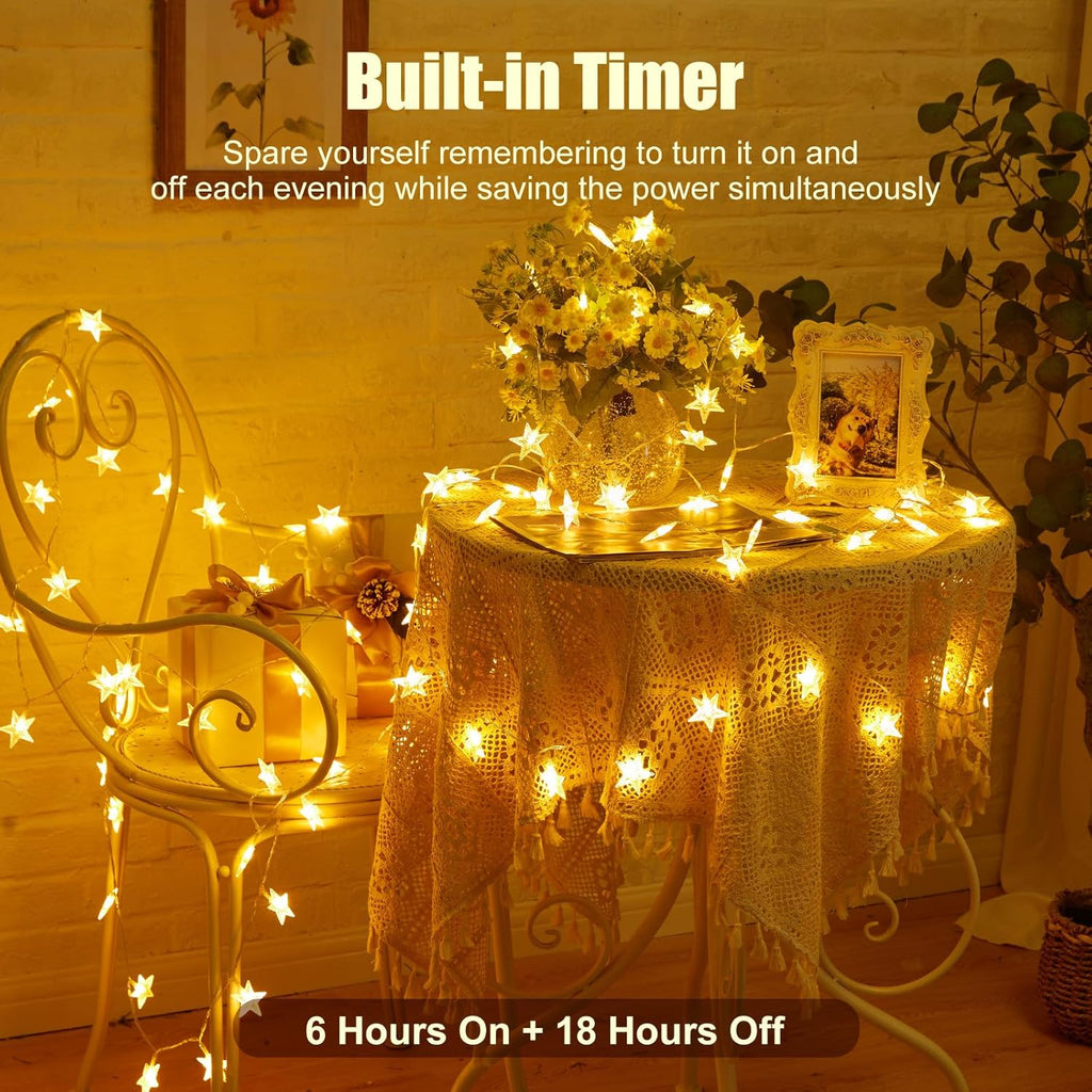 Minetom Star String Lights Battery Operated - 17 ft 50 LED Star Fairy String Lights with Timer, Waterproof for Indoor Bedroom Tent Loft Bed Patio Party Wedding Ramadan Decorations, Warm White