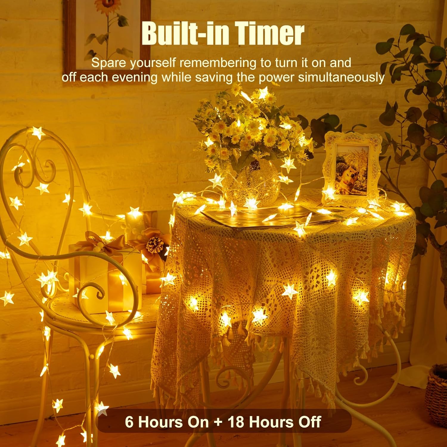 Minetom Star String Lights Battery Operated - 17 ft 50 LED Star Fairy String Lights with Timer, Waterproof for Indoor Bedroom Tent Loft Bed Patio Party Wedding Ramadan Decorations, Warm White