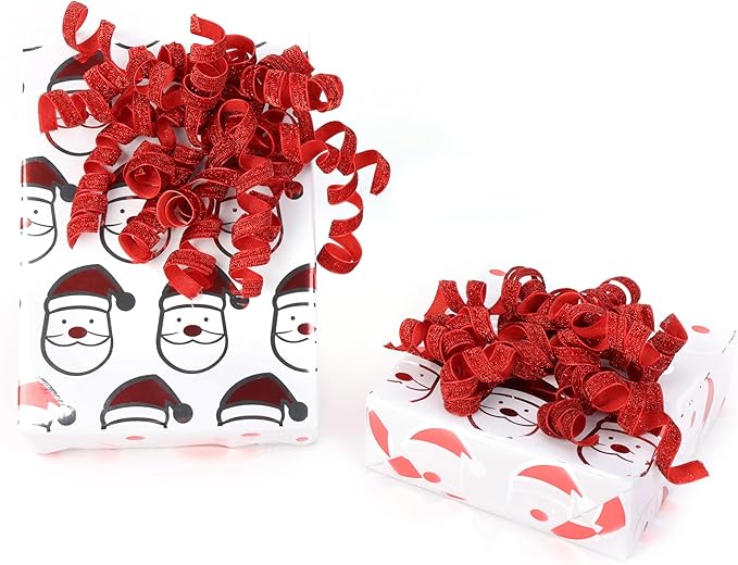 6" Metallic Glitter Red Self Adhesive Curly Ribbon Gift Wrap Bows for Christmas, Holiday, Birthday, Wedding, Presents, Party Favors Decorations 6-Count