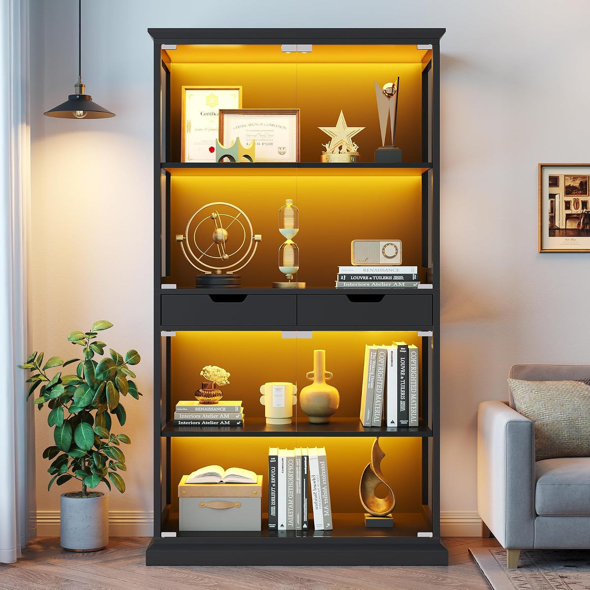 jocoevol display cabinet with glass doors, 68'' tall, close-up detail