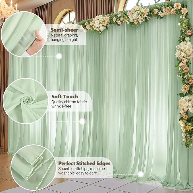 10ft x 10ft Sage Green Backdrop Curtains, Wrinkle-Free Sheer Chiffon Fabric Backdrop Drapes for Wedding Arch Party Ceremony Stage Photo Decoration