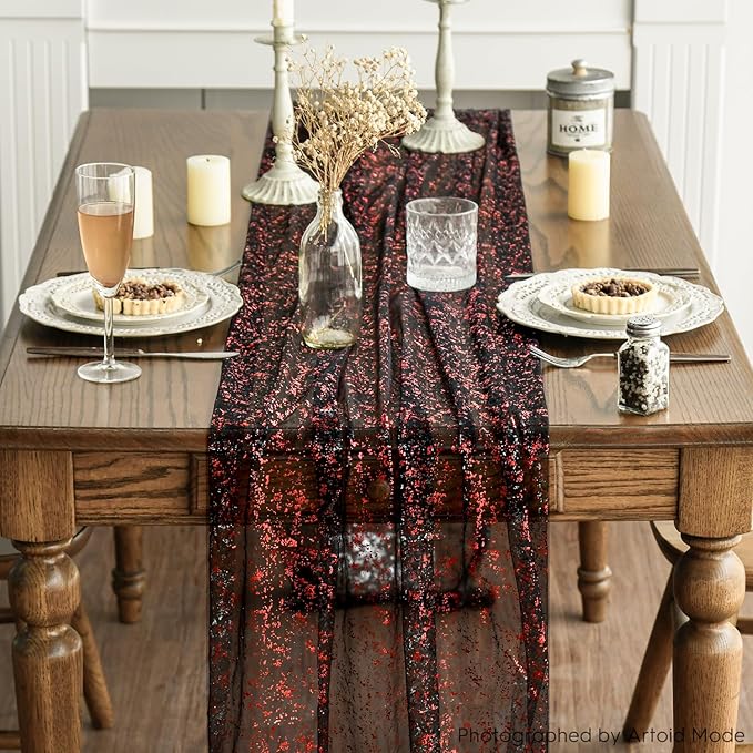 Artoid Mode 3PCS Black Red Gold Gauze Table Runner 120 Inch 10FT, Glitter Metallic Foil Sheer Dining Wedding Anniversary Holiday Table Decor for Home Party