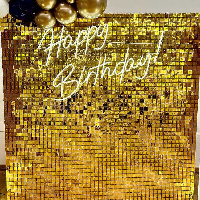 Qcity Gold Shimmer Wall Backdrop 36PCS, Black Back Not See-Through Design, Square Sequin Glitter Backdrop Panel, Perfect for Outdoor Events, Birthdays, Wedding and Party Decoration