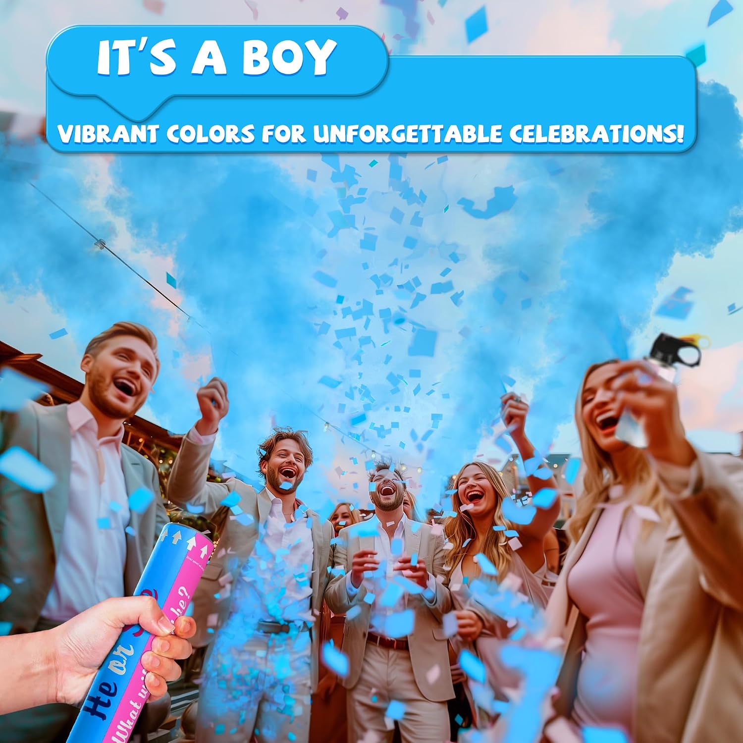 POPUPARTY 2 Pack Blue Gender Reveal Fire Extinguishers with 4 Pack Blue Confetti Cannons for Baby Boy Gender Reveal Party