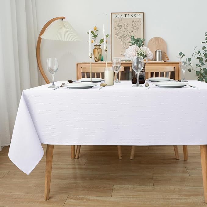 Biscaynebay Textured Fabric Tablecloths 70x108 Inches Rectangular, White Water Resistant Tablecloths for Dining, Kitchen, Wedding and Parties etc. Machine Washable
