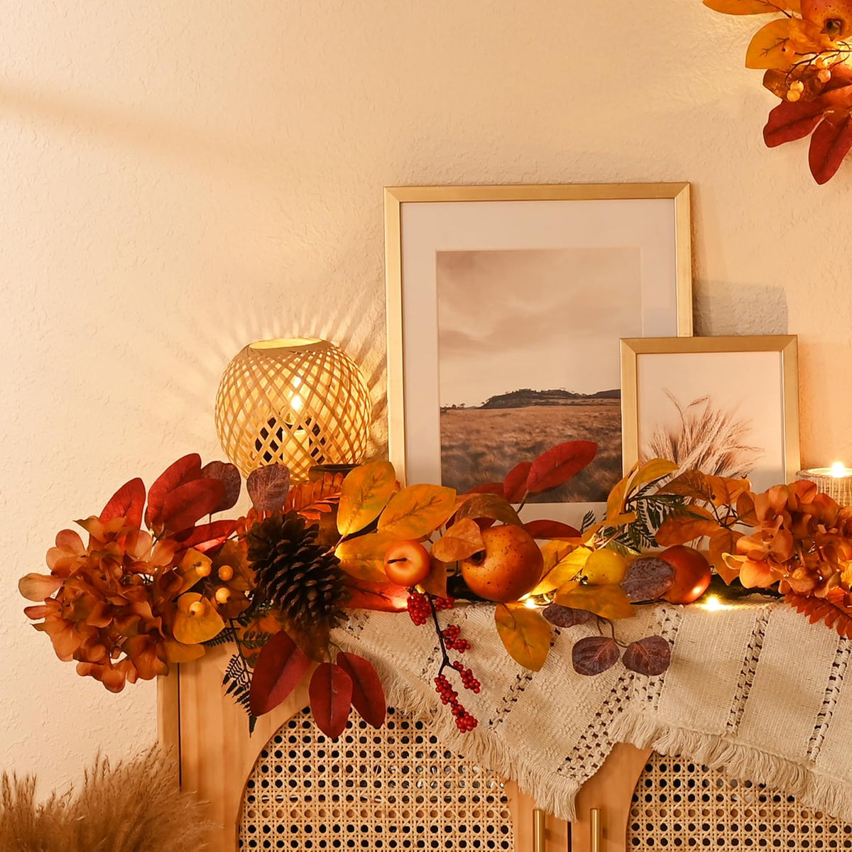 decorbyhannah 6ft fall garland for mantle with lights, front angle view