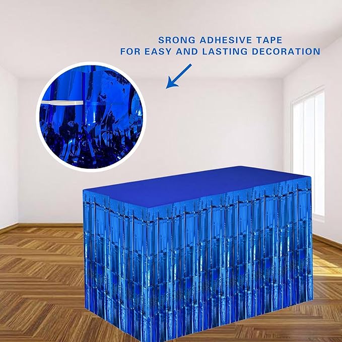 Blue Streamers Party Decorations, 2 Packs Blue Table Skirts Metallic Foil Fringe Tinsel for Birthday Under the Sea Boy Baby Shower Float Parade Mardi Gras Graduation Party Supplies -29x108Inch