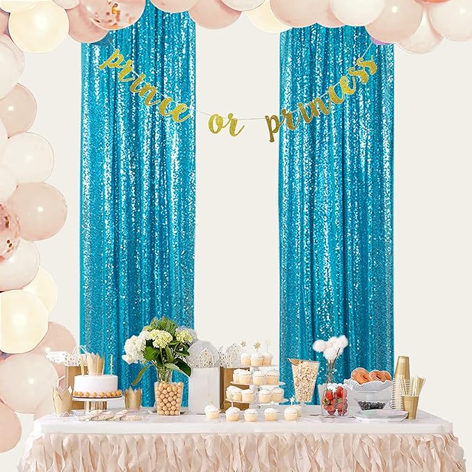 ShinyBeauty Turquoise Curtains 8 Panels, 2Ftx8Ft, Glitter Photograph Backdrops, Blue Backdrop Curtain for Parties,Birthday Decor,Sequin Background