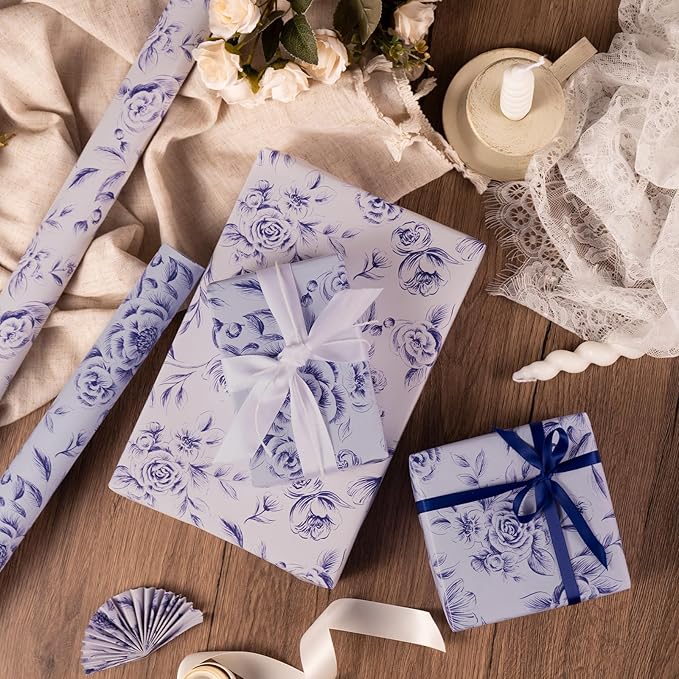 WRAPAHOLIC Jumbo Reversible Floral Wrapping Paper Roll - 30 Inch x 33 Feet - Purple Flower Wrapping Paper for Wedding, Bridal Shower, Mother's Day, Birthday, Baby Shower
