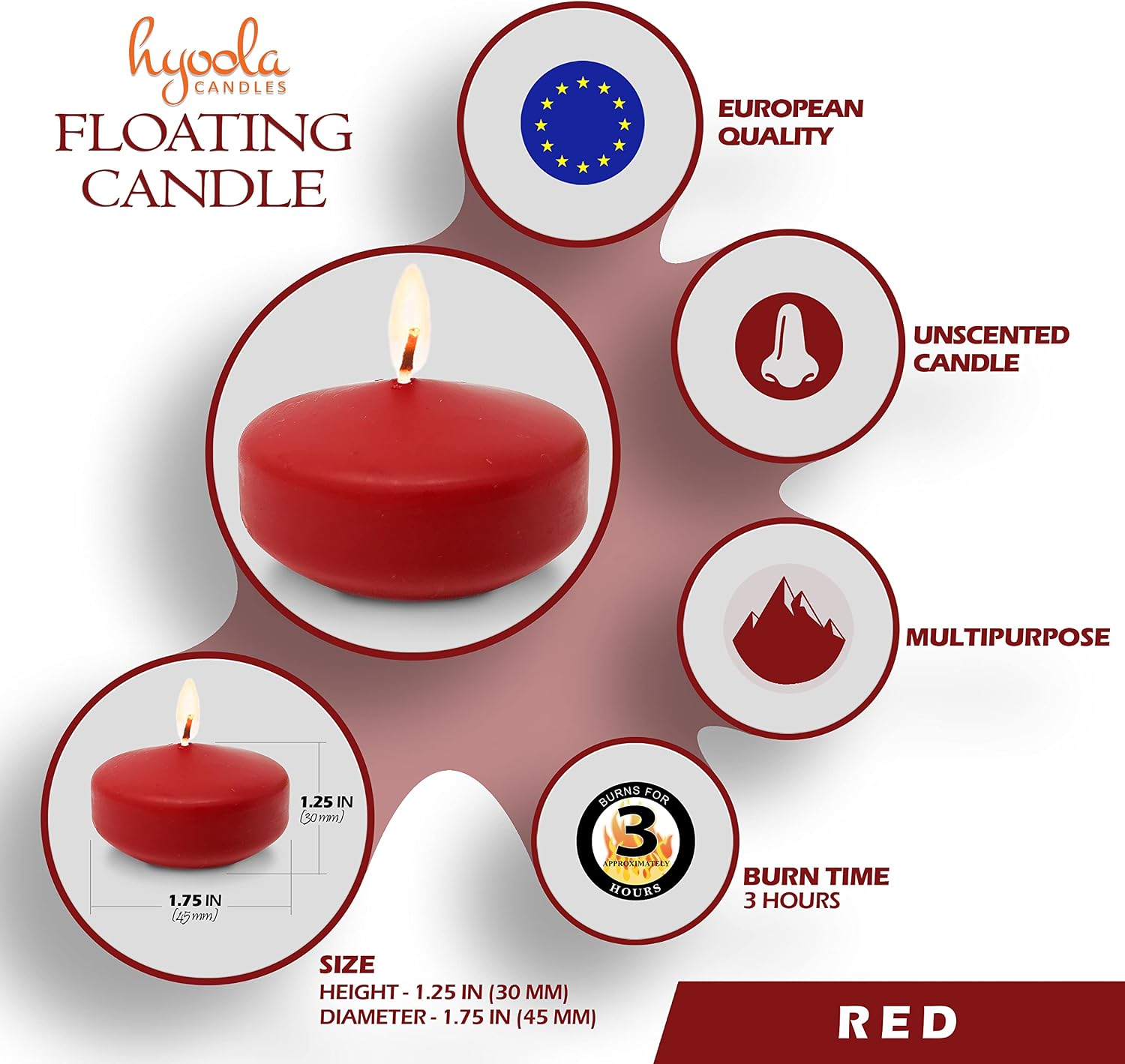 HYOOLA Premium Red Floating Candles 1.75 Inch - 3 Hour - 20 Pack - European Made