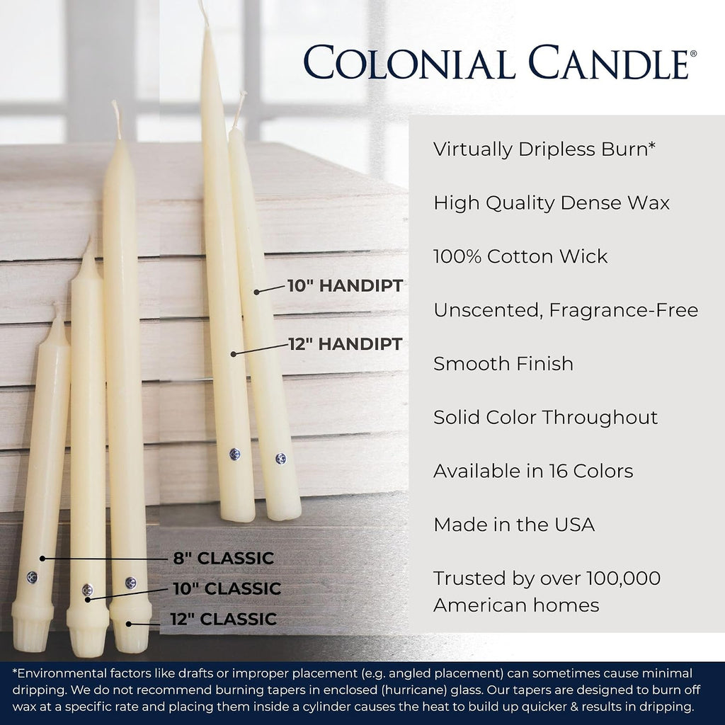 Colonial Candle Unscented Taper Candle, Handipt Collection, White, 12 In, Pack of 12 - Up to 10 Hours Burn