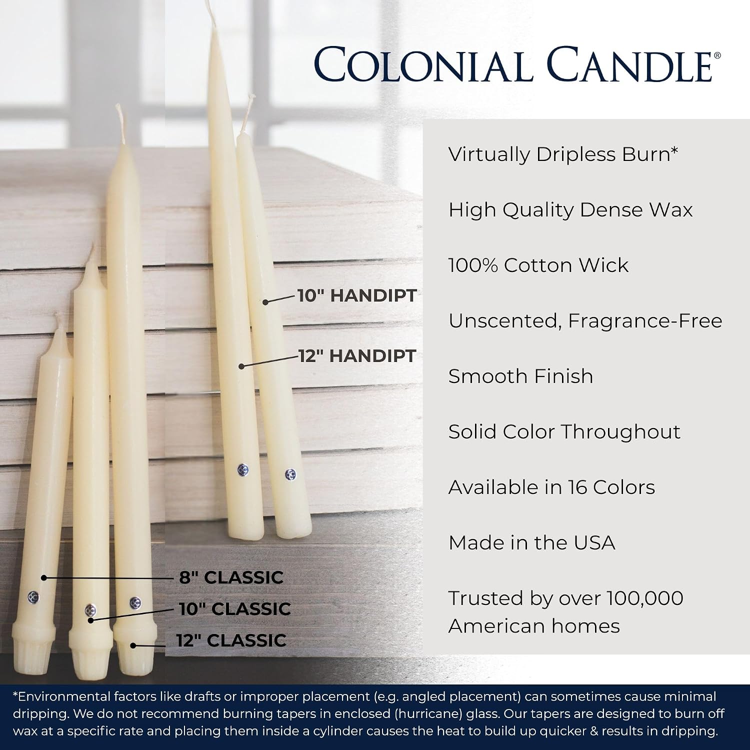 Colonial Candle Unscented Taper Candle, Handipt Collection, White, 12 In, Pack of 12 - Up to 10 Hours Burn