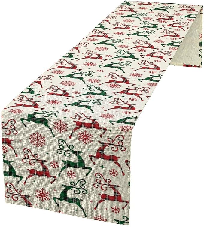 Christmas Table Runner,Christmas Plaid Deer Print Farmhouse Table Cloth Kitchen Dining Table Decoration for Home Party Decor 13x70 Inch