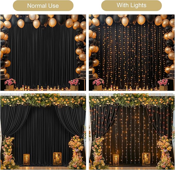Black Backdrop Curtain with Lights String for Parties,10x10FT Wrinkle Free Black Drapes Wedding Photo Backdrop Curtains for Baby Shower Birthday Ceremony Reception Home Party Decorations