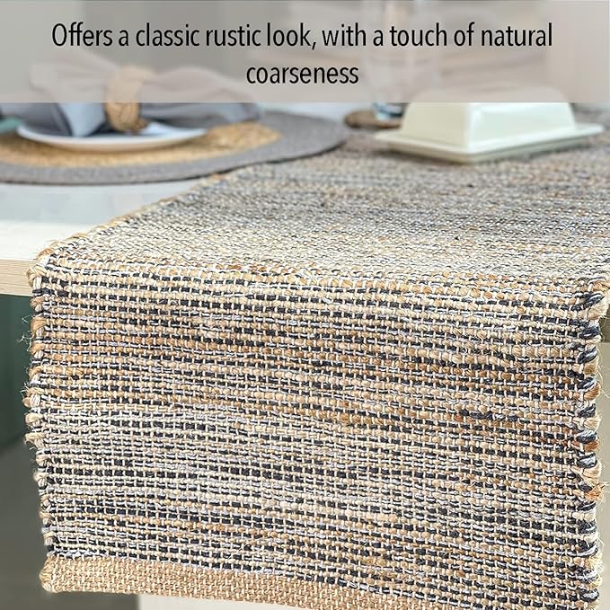 Chardin home Natural Jute Table Runner 13x72 Inch – Vintage Boho Rustic Table Decor – Handwoven Table Runner in Natural Jute and Grey – Farmhouse Dining or Console Table Accent