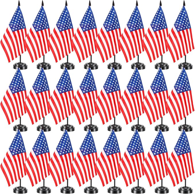 24 Pcs American Desk Flag Set Small USA Flags for Table with 13" Black Pole, Black Base and Spear Top, American Flag for Home Office Party Festival Celebrations Decor