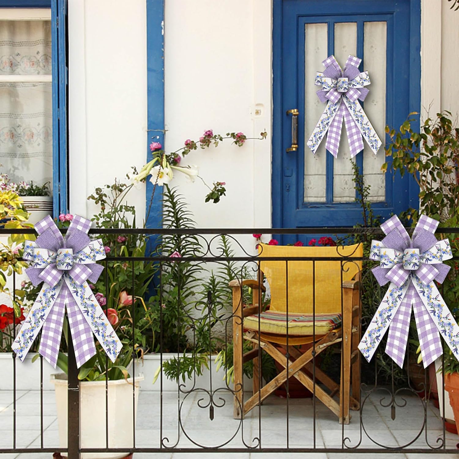 Estivaux Spring Flowers Bows for Wreath, Lavender Floral Wreath Bow Purple Burlap Farmhouse Craft Bows for Front Door Decorations
