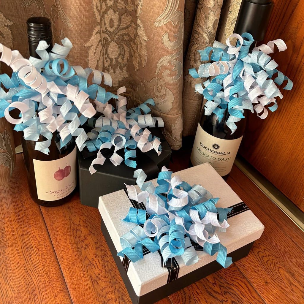 6PCS Blue Self-Adhesive Curly Bows, 6" Pre-Made Bows for Gift Wrap, Grosgrain Ribbon Bow for Basket Decoration, for Champagne, Present Bow for Birthday, Party, Anniversary (Mix Blue, 6 inches)