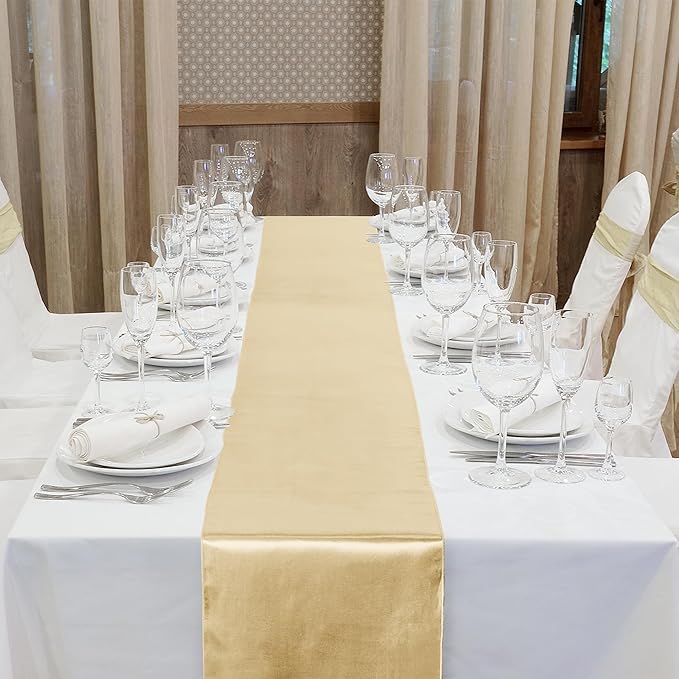 Aneco 16 Pack Satin Table Runner 12 x 108 Inch Champagne Long Wedding Satin Silk Table Runner for Wedding Banquet Graduations Birthday Party Decoration