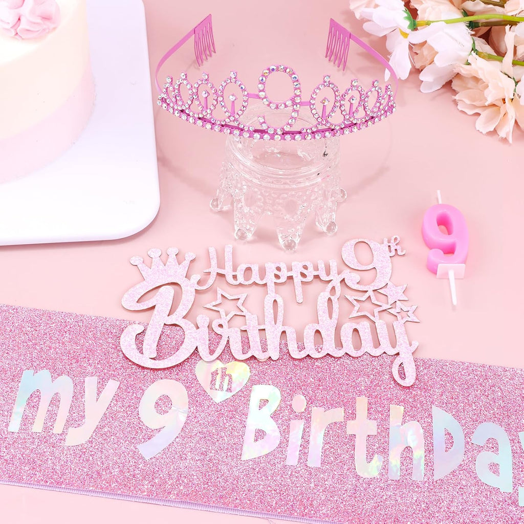 9th Birthday Party Decorations Set for Girls- Pink Crown, Glitter Sash, Number 9 Candle & Cake Topper Kit for Birthday Celebrations Party Supplies Gift
