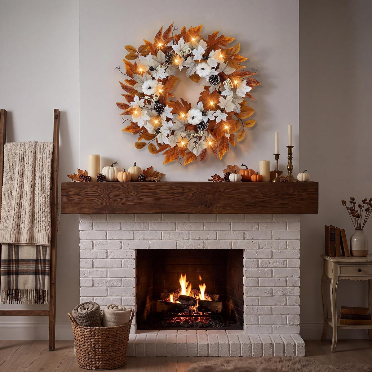 Fall Wreaths for Front Door Outside Autumn Wreath with Lights Berries Pine Co...