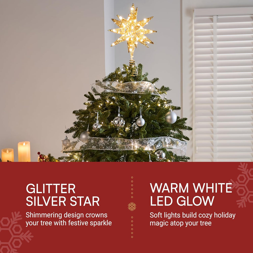 JOIEDOMI 7.8" Metal 3D Star Christmas Tree Topper Golden Glitter Decorations with 56 LED Warm White with Plug Timer Ornaments Treetop Home Holiday Party Indoor Decor