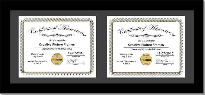 Creative Picture Frames 10X20Bk-B Black Horizontal Double Diploma Frame With 2 Opening Black Matting | Holds 2-7X9-Inch Documents With Installed Wall Hanger