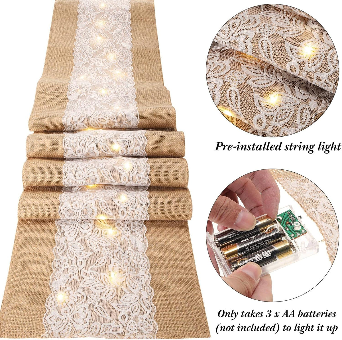 xinnun 12 pcs burlap table runners with lights, close-up detail