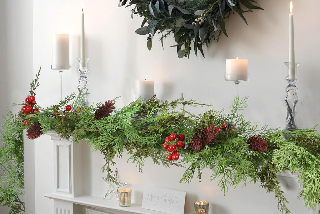 christmas pine garland, artificail greengery garland indoor outdoor shown in use