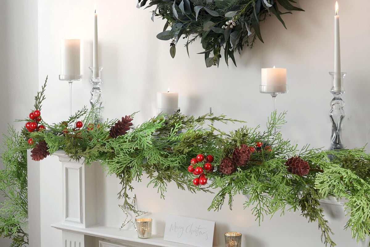 christmas pine garland, artificail greengery garland indoor outdoor shown in use