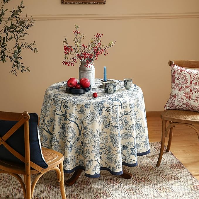 ISAENNE Designer French Linen Small Round Tablecloth,Blue Floral Washable Indoor Table Cloth,Durable Home Decor Tablecloths for Dining Thanksgiving Kitchen Party Christmas,Diameter 55"-Ruyi B
