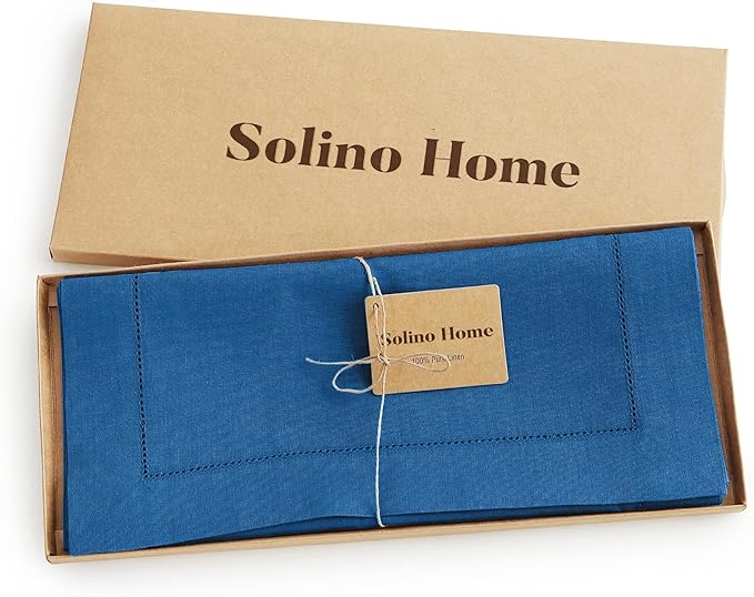 Solino Home Linen Indigo Blue Table Runner 156 Inches Long - 100% Pure Linen Extra Long Table Runner 14 x 156 Inch for Fall, Autumn - Classic Hemstitch