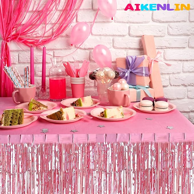 6 Pack 29x108 Inch Metallic Foil Fringe Tinsel Table Skirts Banner for Rectangle Tables Streamer Garland Curtains Backdrop for Wedding, Birthday, Parade Floats, Valentine's Day Party Decoration(Pink)