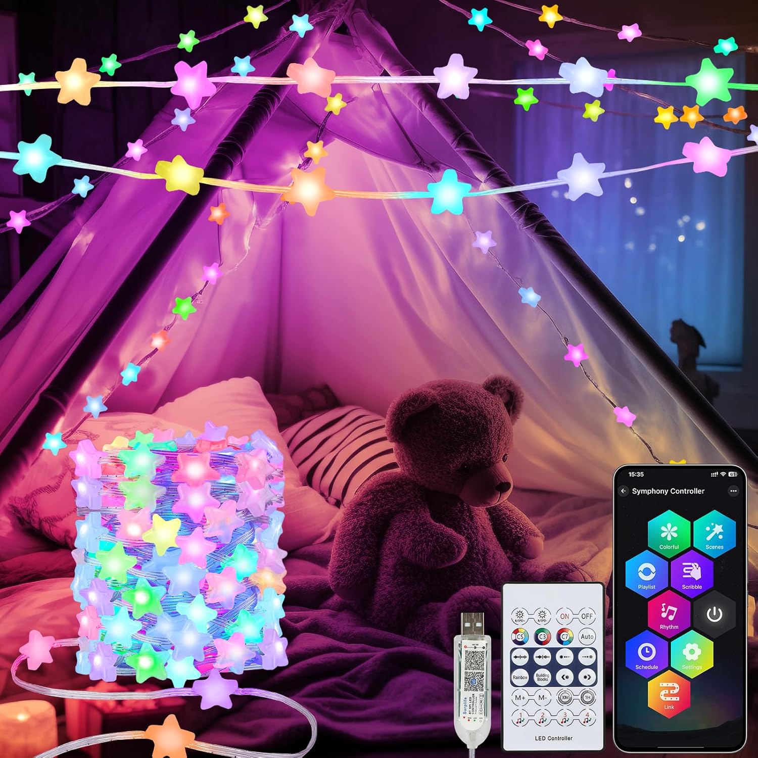 Smart Star Fairy Lights Color Changing String Lights APP Control for Dorm | 33Ft 66LED, 16 Million Colors, Remote, DIY, Music Sync, Twinkle Lights for Kid's Bedroom Classroom Christmas Decor,USB Plug