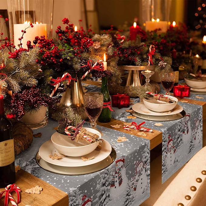 Christmas Snowman Cotton Linen Table Runner for Dining Kitchen, Snowflakes Xmas Pine Tree Wedding Outdoor Party Tablerunner Decoration Winter Bird Dresser Scarf Coffee Tablecloth Runners 13x36 Inches