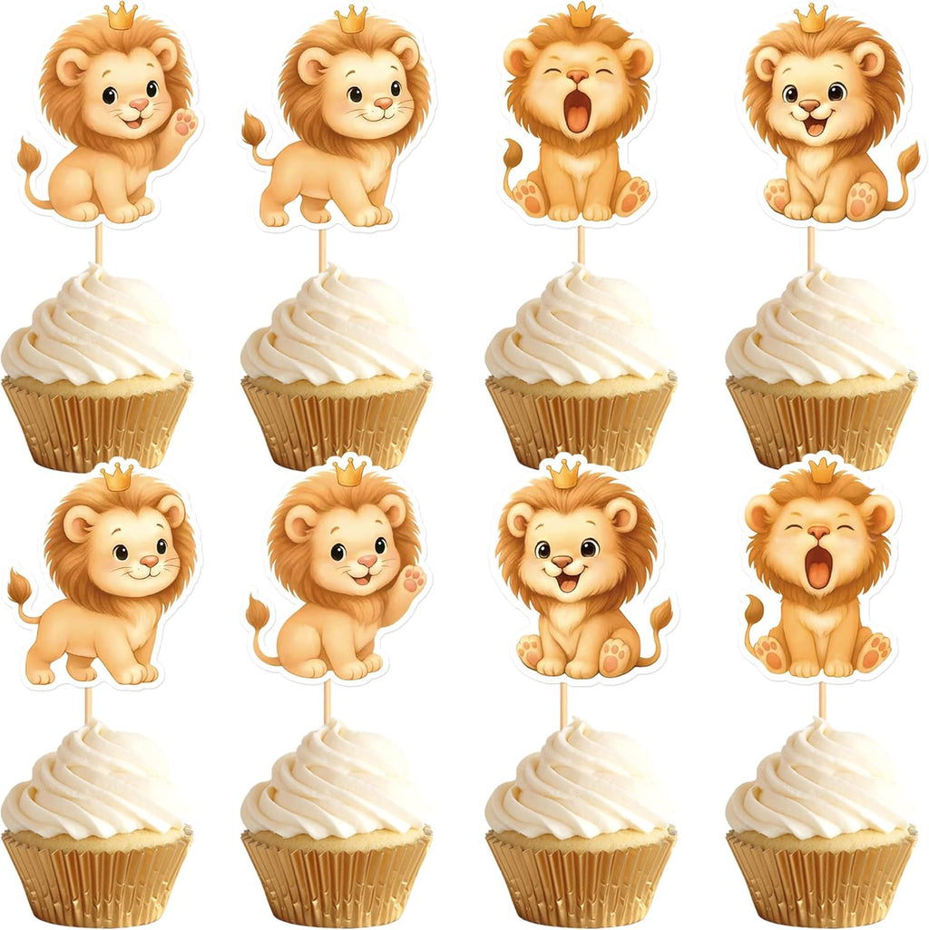 24Pcs Cute Lions Cupcake Topper Cartoon Lion Baby Cupcake Picks Safari Animal Food Picks for Baby Shower Boys Girls Lion Birthday Cupcake Decorations Lions Party Supplies