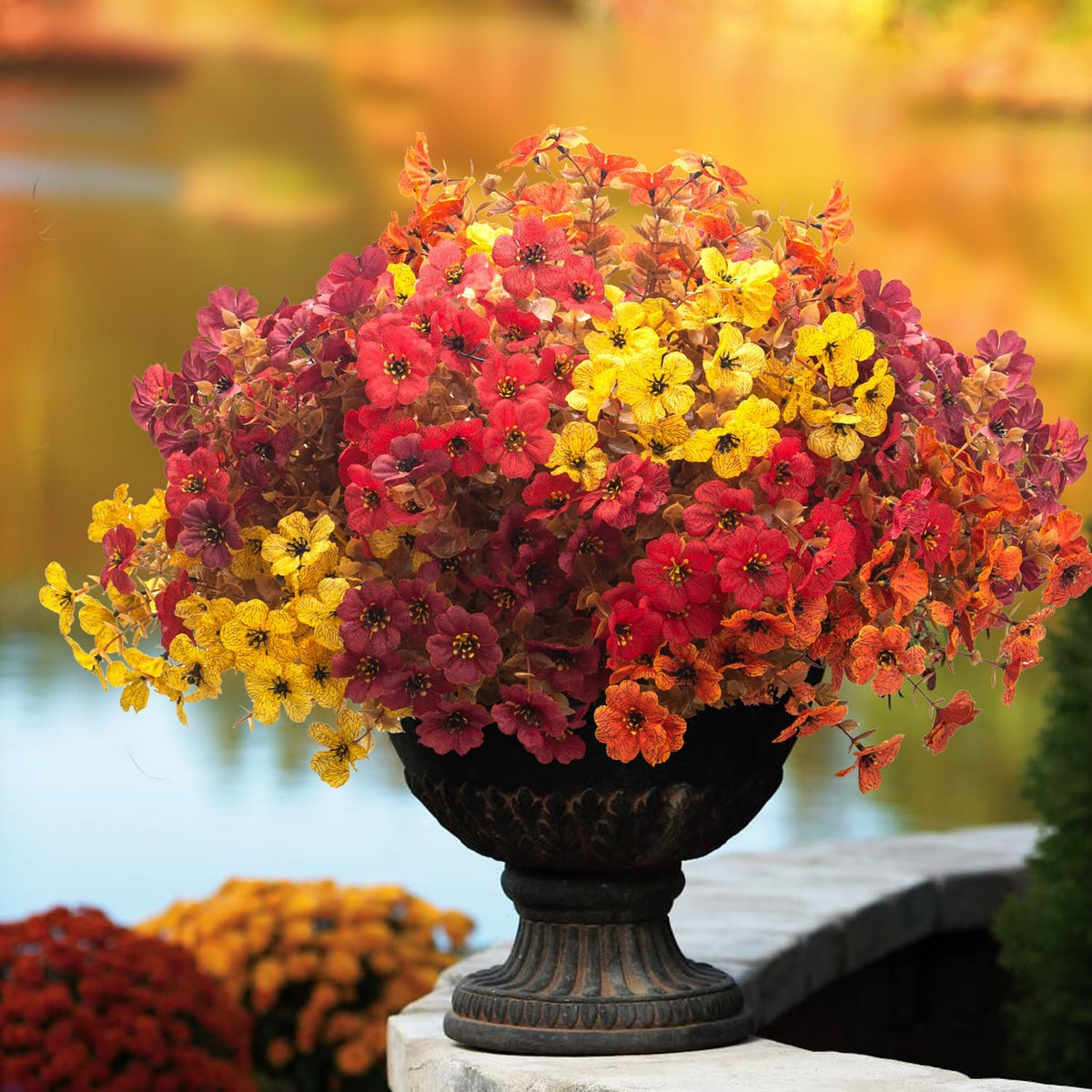 16 bundles artificial fall mums uv resistant flowers shown in use