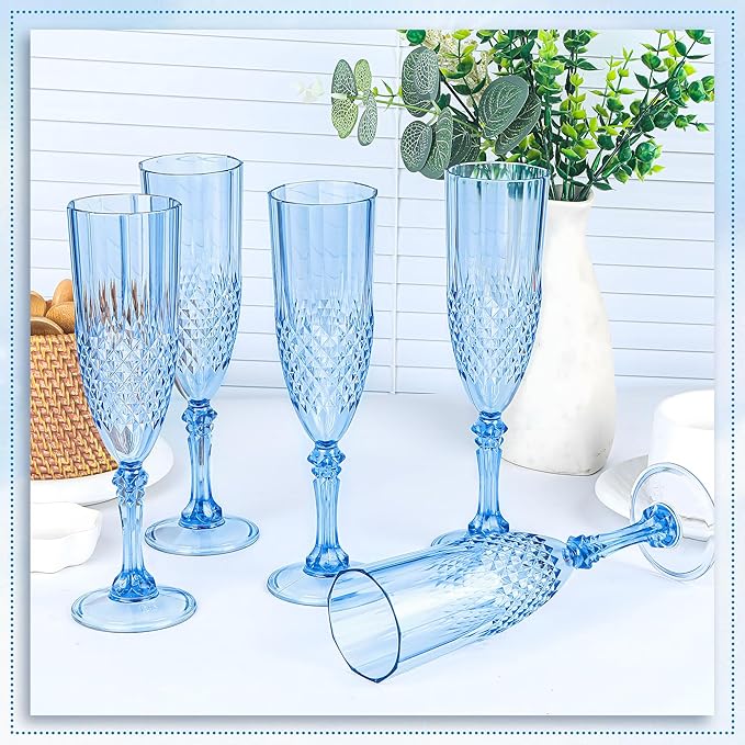 Plastic Champagne Flutes, 12PCS Blue Wine Glasses Goblets Cups Reusable Flute, for Weddings Bachelor Parties Toasting and Events (12, Blue)