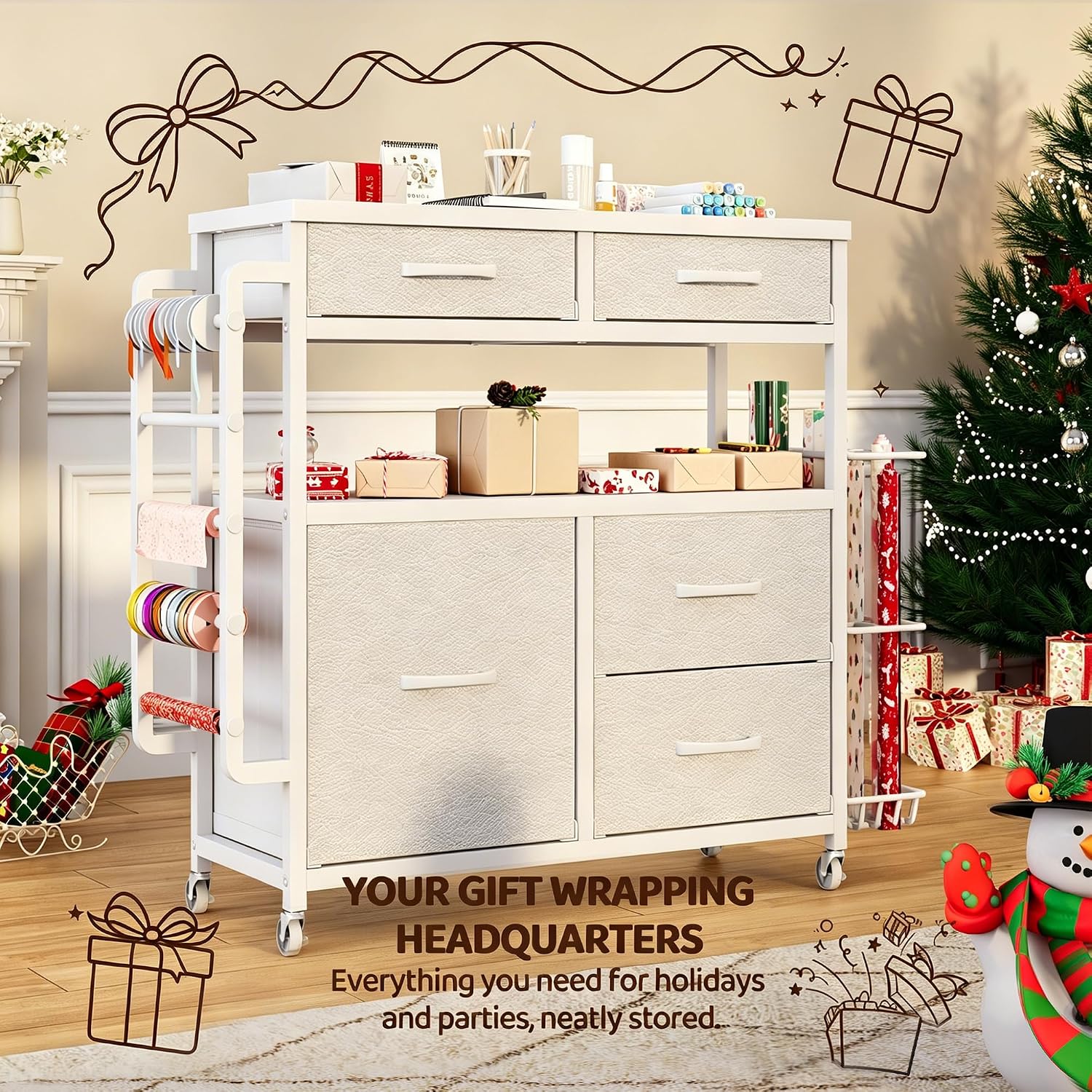 LIVEHOM Wrapping Paper Storage, Rolling Gift Wrap Station | Holiday Paper Holder Crafting Station with wheels Space-Saving Gift Prep Cart for Christmas Holiday Supplies