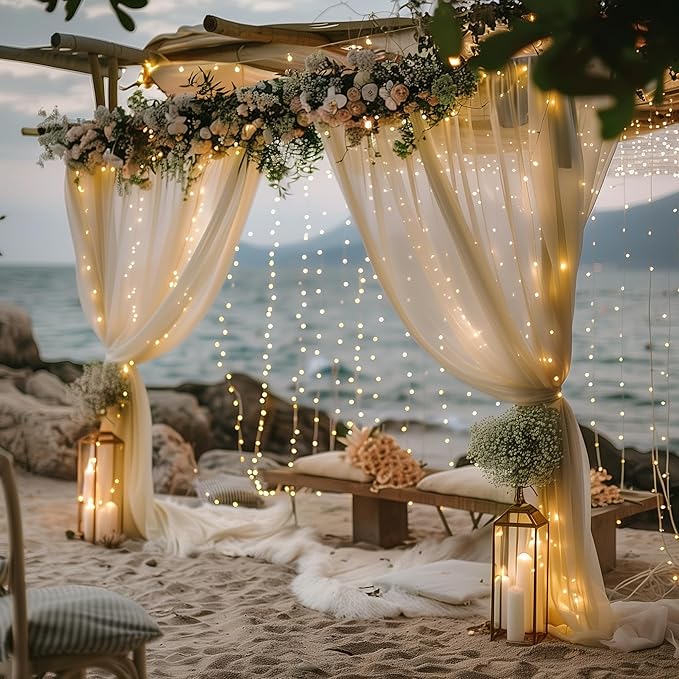 Fomcet Champagne Tulle Backdrop Curtains with Lights String 10FT X 10FT Sheer Curtain with Lights Tulle Curtains Backdrop for Wedding Birthday Party Photo Shoot (2 Panels 5x10FT)