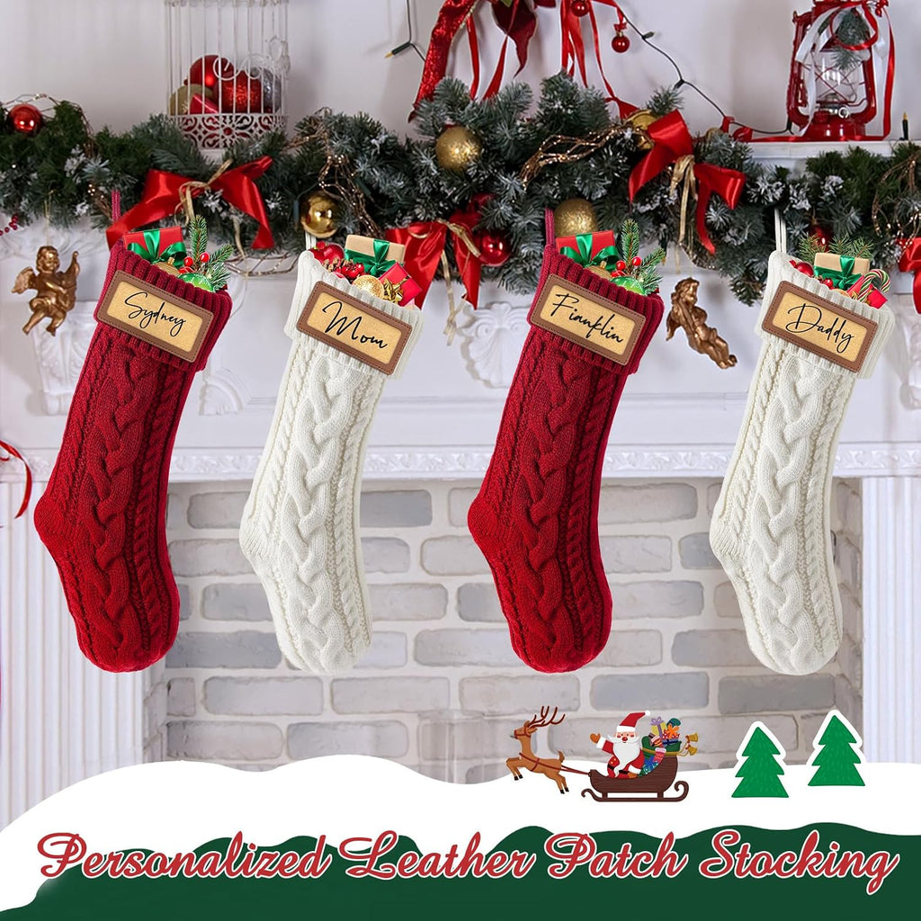 steo spce 4 Pack Personalized Christmas Stocking with Leather Patches Custom Name Family Christmas Stockings, 18.5” Large Knitted Xmas Stockings for Kids, Holiday and Fireplace Party Decoration