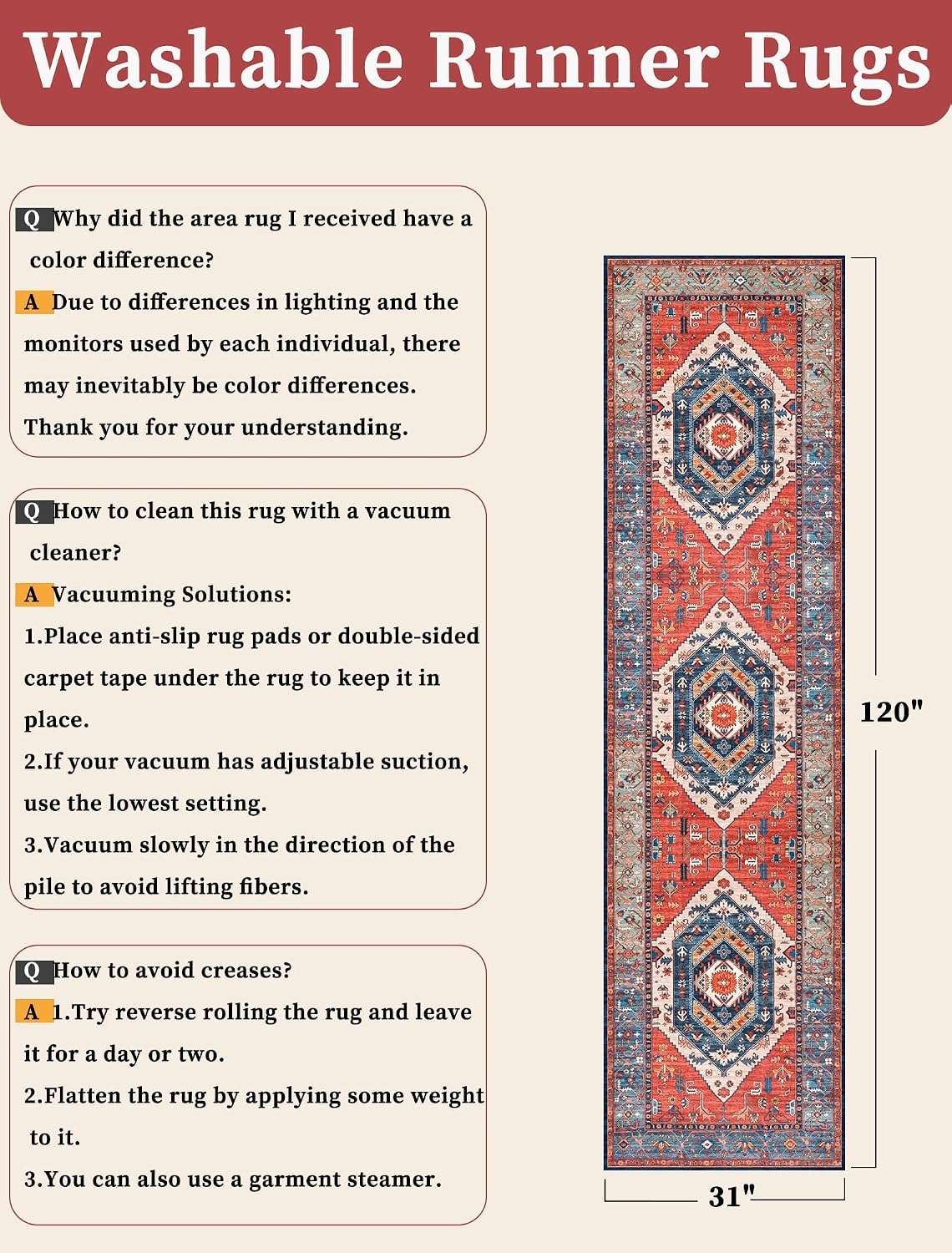 SERISSA 2'6"x10' Washable Non Slip Boho Runner Rug for Hallway，Rust