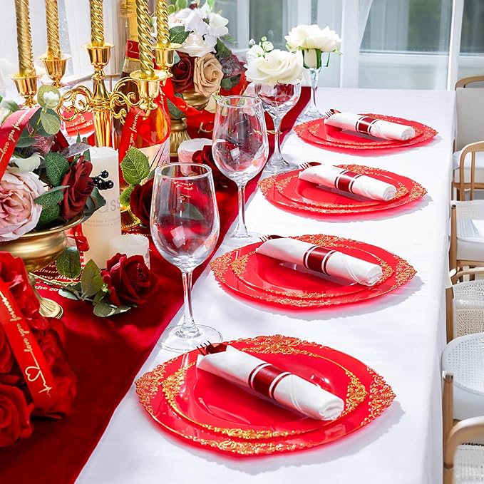400PCS Pre Rolled Red Plastic Silverware Sets - Heavy Duty Red Cutlery - Include 100 Pack Wrapped Disposable Utensils with Napkins for Christmas Parties & Dinners & Weddings