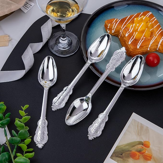 WDF 100 Piece Silver Plastic Spoons Disposable - 6.93 Inch Baroque Silver Silverware for Dessert Cake - Heavy Duty Plastic Spoons for Christmas Party, Wedding or Daily Using