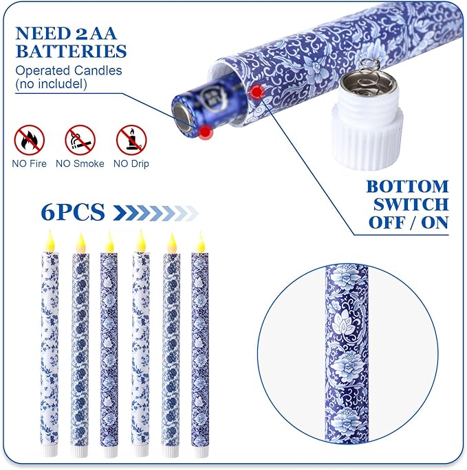 Baquler 6 Pcs Christmas Chinoiserie Flameless Candles 10.6 Inch Blue and White Battery Operated Led Candlesticks Chinoiserie Decor for Christmas Centerpiece Xmas Party Decor Holiday Gifts