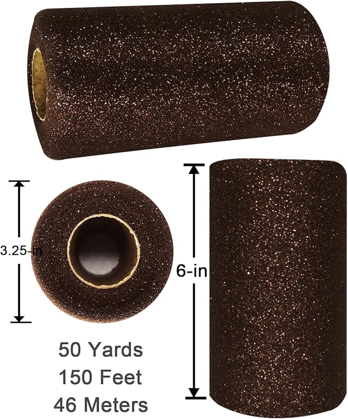 Glitter Tulle Fabric Rolls, 6 Inch 50 Yards (150ft) Sparkling Spool Ribbon Sequin Netting for Tutu Skirt Gift Wrapping Wedding Party Decoration (Brown)