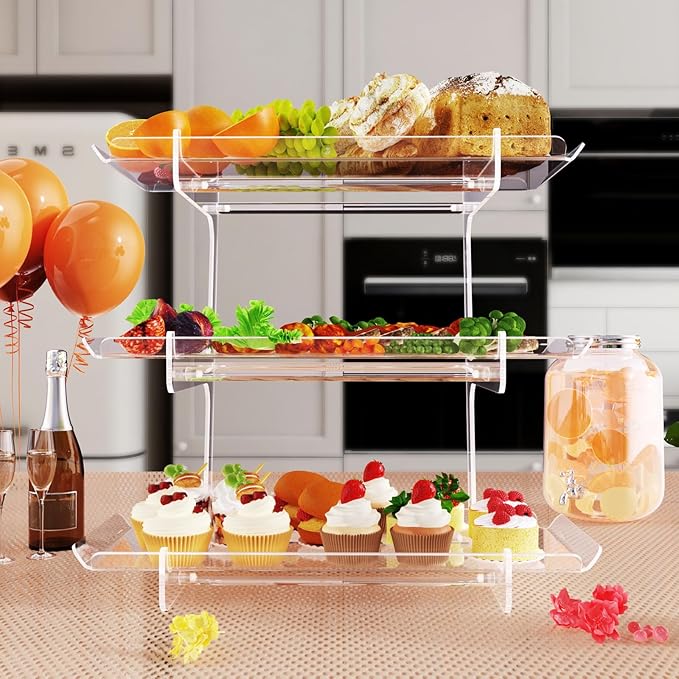 3 Tier Acrylic Serving Tray, 15.3" x 7.1" Dessert Table Display Set Stand for Party, Desserts, Fruits, Cookies – Reusable Collapsible Tiered Platters for Cupcakes, Veggies, and Sweet Treats